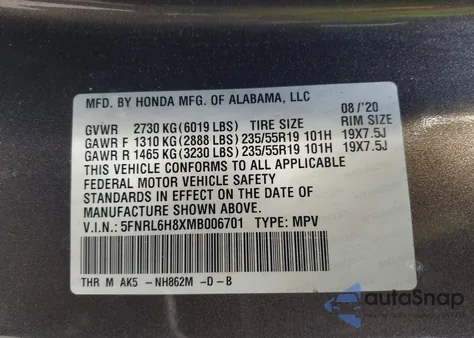 2021 Honda Odyssey Touring z USA, uszkodzony, nr VIN 5FNRL6H8XMB006701